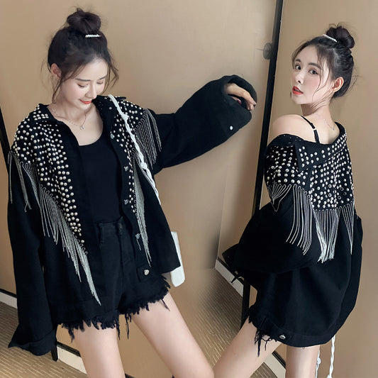 European and American New Style Tassel Heavy Embellished Rhinestone Rivet Long Sleeve Korean Version Loose Slimming Fashion Beaded Denim Jacket for Women