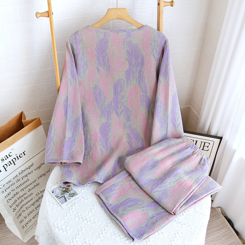 Yarn-Dyed Women's Thin Cotton Jacquard Feather Retro Chinese Style Spring Summer Homewear Loose Pajama Set Dropshipping
