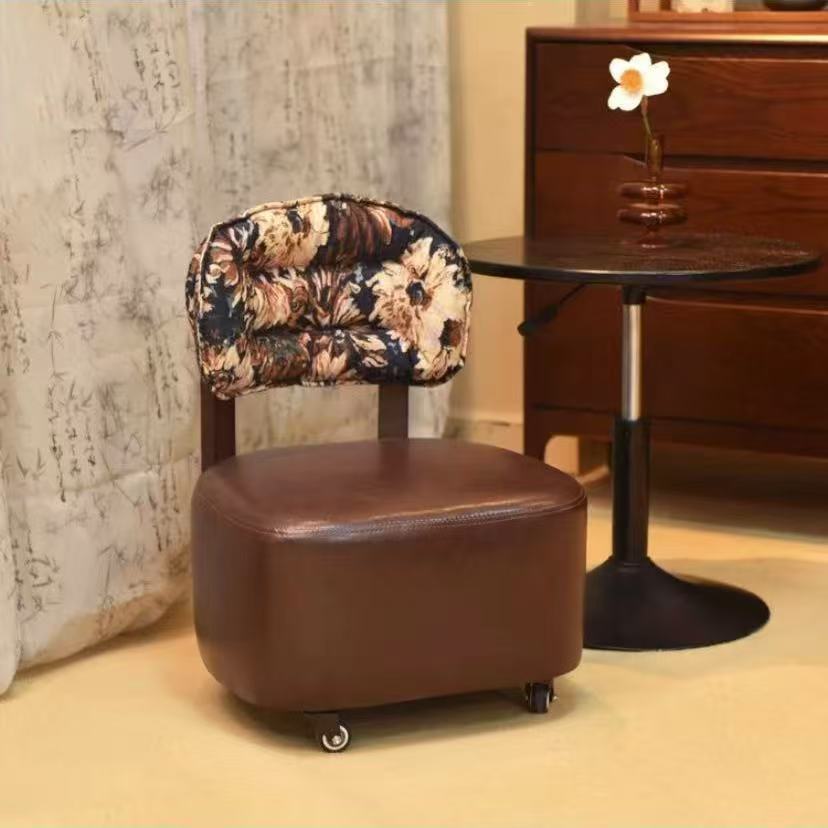 Home Small Stool Living Room Rocking Chair Solid Wood Backrest Rotating Caster Low Stool Entrance Shoe Changing Stool Foot Washing Stool with Wheels
