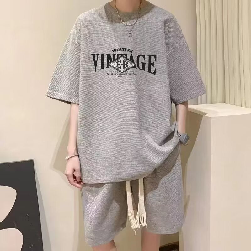 Summer Teenage Suit Boys Short Sleeve T T-shirt Short Sleeve New Style High School Student Trendy Casual Sports Two Pieces