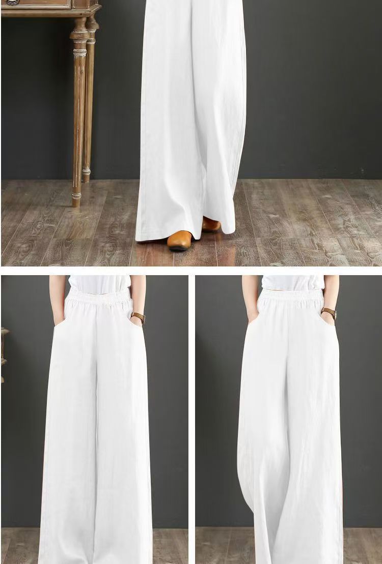 2025Plus Size Women's Linen Wide-Leg Pants High Waist Elastic Waist Cotton Linen Spring Summer Women's Long Pants Loose Cotton Linen Draped