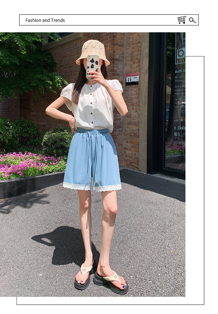 Japanese Style Wide-Leg Jeans for Women2025High Waist Lace Trim Casual Shorts Loose Straight Five-Point Shorts Trendy