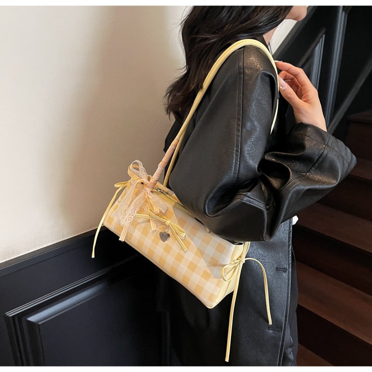 Dopamine Plaid Handbag Small Tote Bag for Women Summer2025New Ballet Style Bow Baguette Bag Underarm Bag Trendy