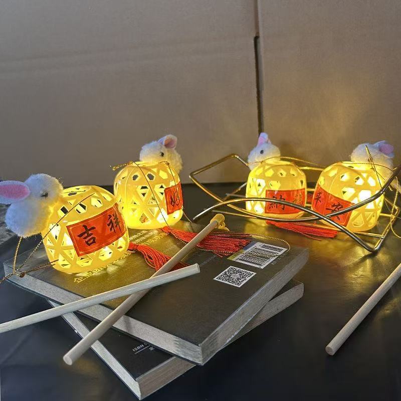 Wholesale Mid-Autumn Festival Gifts for Tourist Attractions and Night Markets, Small Merchandise Toys, Imitation Bamboo Woven Handheld Lighted Rabbit Lanterns