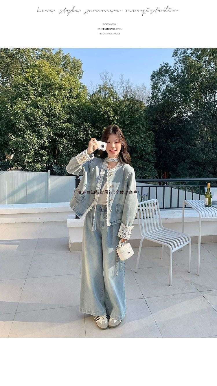 Lace patchwork denim wide-leg pants set for women spring and autumn2025The new two-piece set is absolutely stunning and super trendy