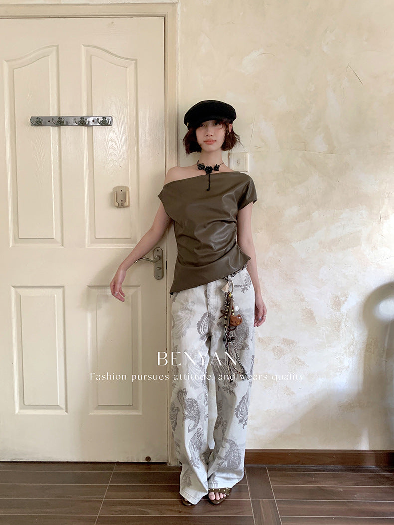 Original text Thirteen Lines Autumn Loose Retro Print Versatile Casual Jeans for Women【Includes Waist Belt】82285