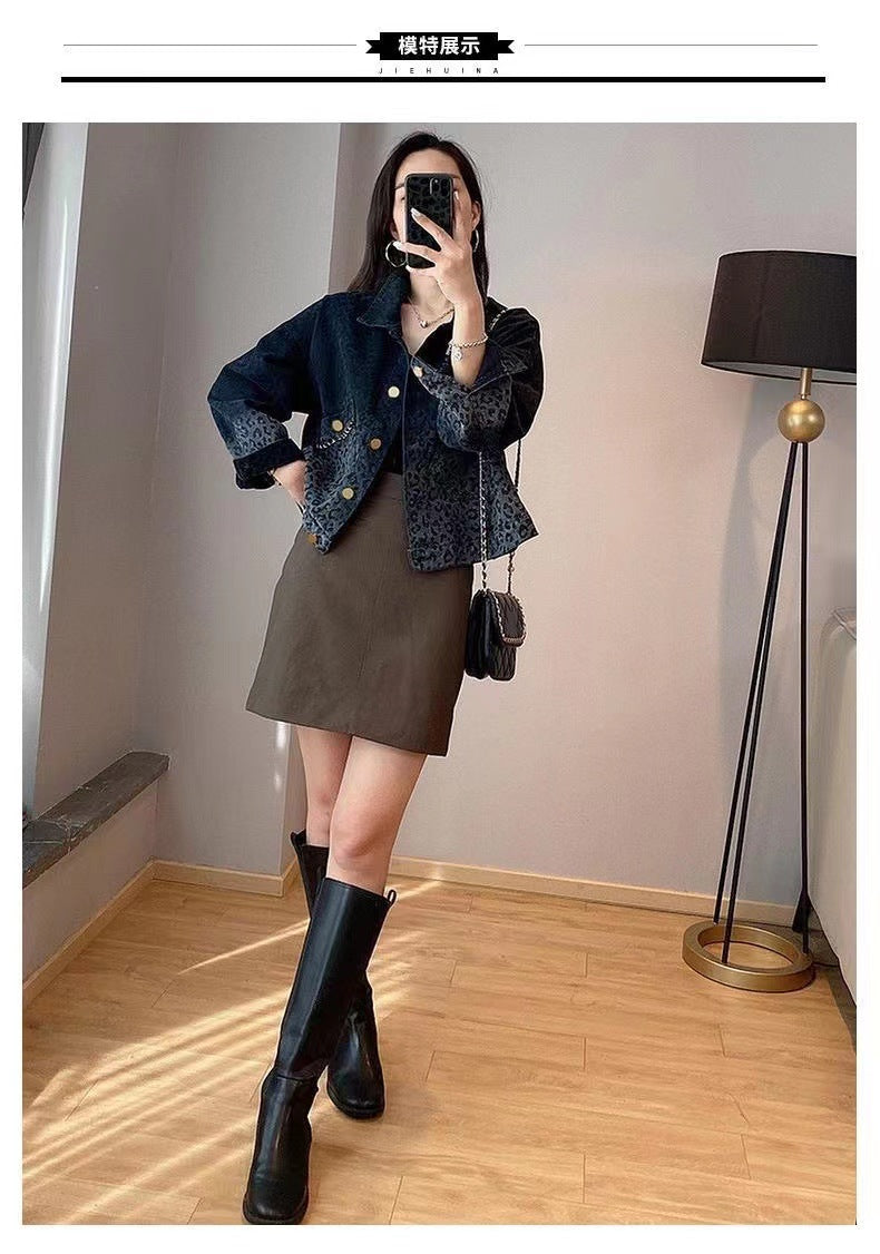 Black Vintage Leopard Print Denim Jacket for Women Fashion Short Coat Autumn Women's Clothing2022New Arrival Jacket