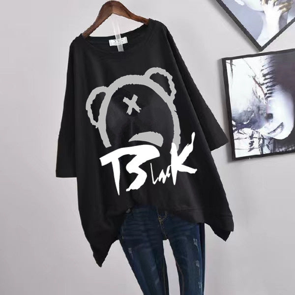 200Plus Size Women's Summer Leaf Print Casual Split Mid-Length Short Sleeve Dress T Women's Loose Fit Plus Size Shirt