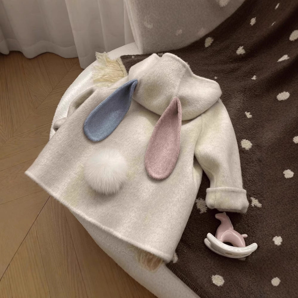 Girls' Wool Coat with Fleece Lining and Thickened2024Autumn and Winter New Cute Baby Girl Stylish Korean Children's Clothing Wool Coat