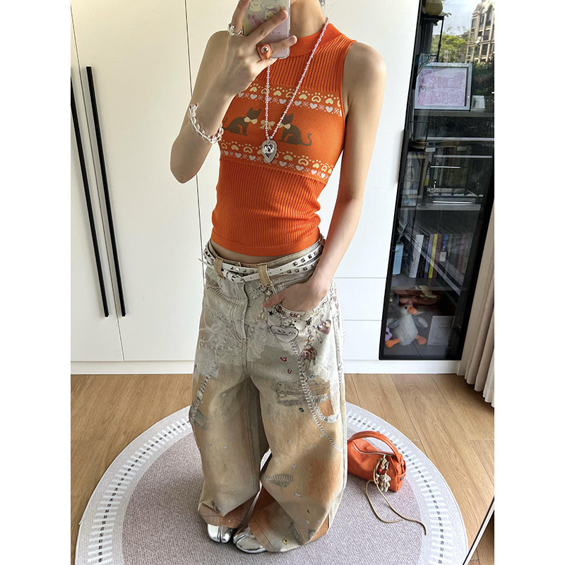 Colorful Inkjet Heavy Pattern Printed Jeans for Women, Unique Design, Loose Straight Wide-Leg Floor-Length Pants