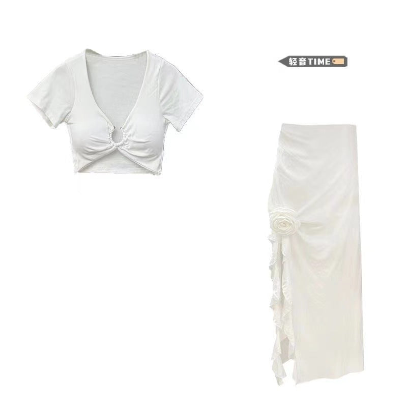 Spicy Girl Hollow Out Crop Top Set for Women Summer High Waist Irregular Floral Split Skirt