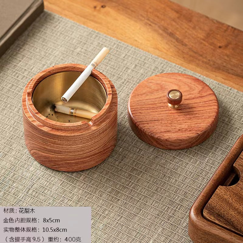 Walnut Ashtray for Home Living Room with Lid, Anti-Fly Ash, Stainless Steel Inner Liner, Creative Office Quality Ashtray
