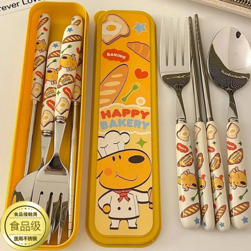 Student Dormitory Home Cute Bread Dog Tableware Set Spoon Fork Three-piece Portable Kitchen Supplies Cartoon Creative