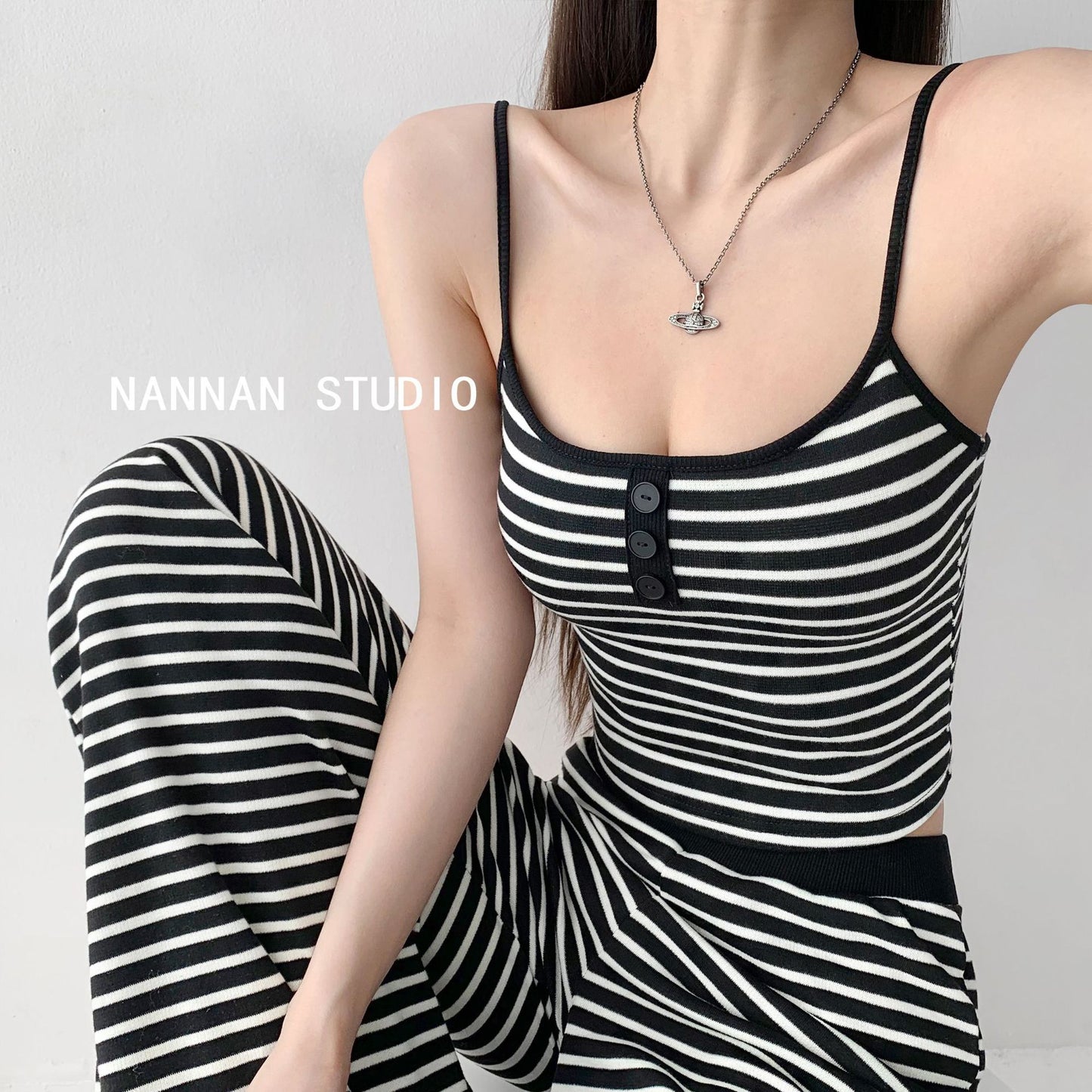 Home Lazy Relaxed Striped Slimming Wide-Leg Pants for Women Summer Hot Girl Fashion Camisole Vest Casual Two-Piece Set