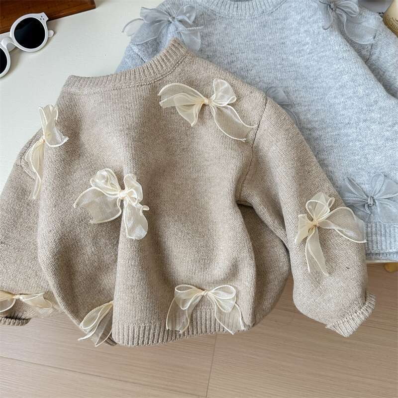 Sweet Little Sister Korean Children's Sweater Spring and Autumn New Fashionable Girls' Korean Style Fashionable Children's Bow Knitted Sweater