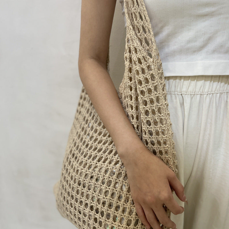 Fashion Hollow Knitted Beach Bag Seaside Shoulder Bag New Tote Simple Versatile Woven Large Capacity Vacation