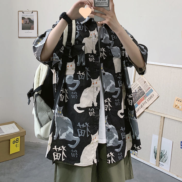 Summer Japanese Style Short Sleeve Shirt Men Half Sleeve Shirt Hong Kong Style Trendy Cat Print Student Loose Casual Shirt12