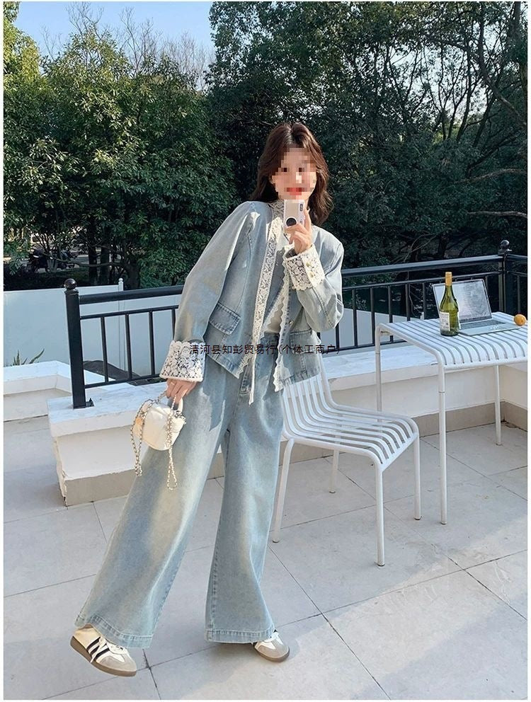 Lace patchwork denim wide-leg pants set for women spring and autumn2025The new two-piece set is absolutely stunning and super trendy