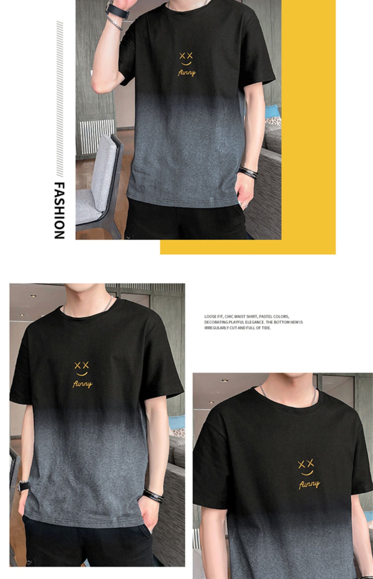 Leisure t Trendy Slim Fit T-Shirt Round Neck Gradient Print Short Sleeve Top T Men's Trendy Versatile Shirt ins Wind