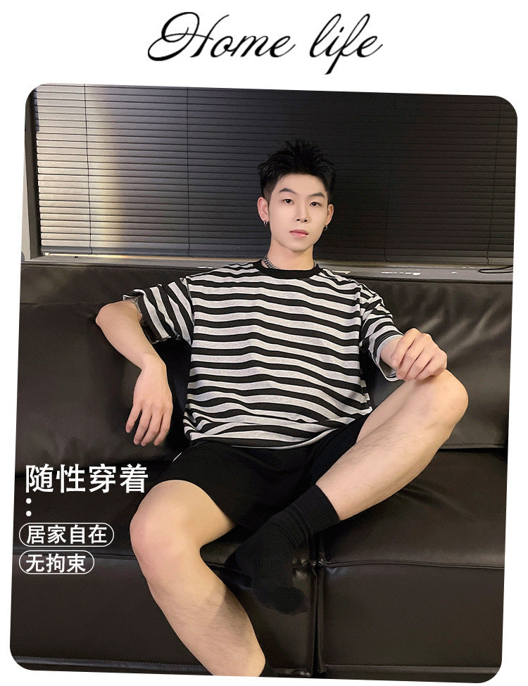 Couple Summer New Pajamas Women's Short Sleeve Imitation Cotton Nightdress Korean Style Wearable Men's Homewear Striped Set