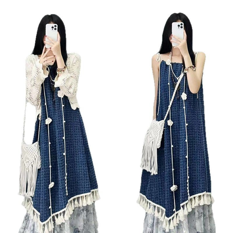 Vintage Design Summer Denim New Tassel Strap Dress for Female Students Hollow Out Sunscreen Cardigan Two-Piece Set