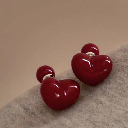 Heart-shaped Cherry925Silver Needle Vintage Autumn Winter Wine Red Heart Ball Double-Sided Earrings2024New Fashion