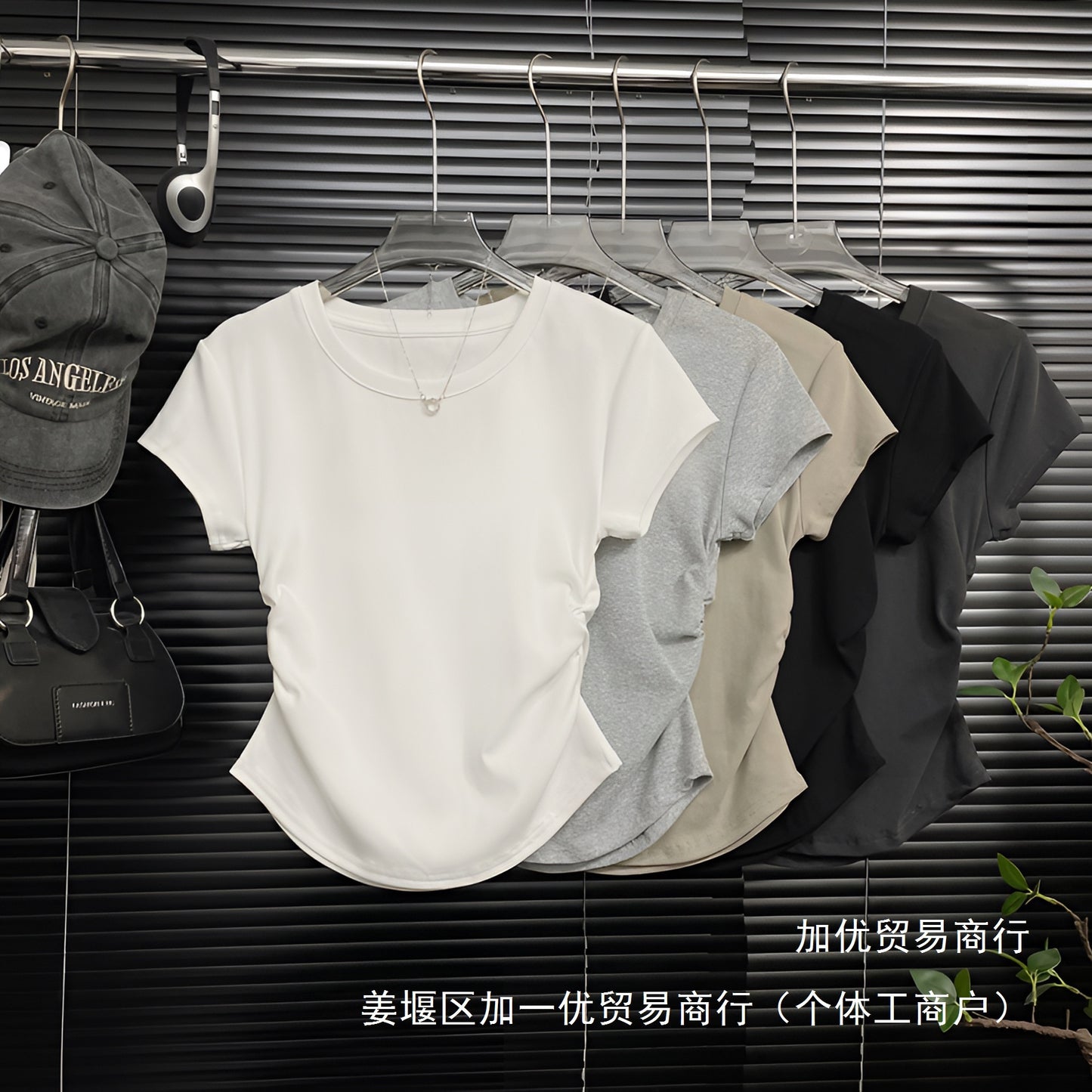 Summer round Neck V Collar Design Sense Ruched Waist Versatile Slimming Short Sleeve Regular Shoulder T T-shirt for Women Hot Girl Tight-fitting Not Wholesale