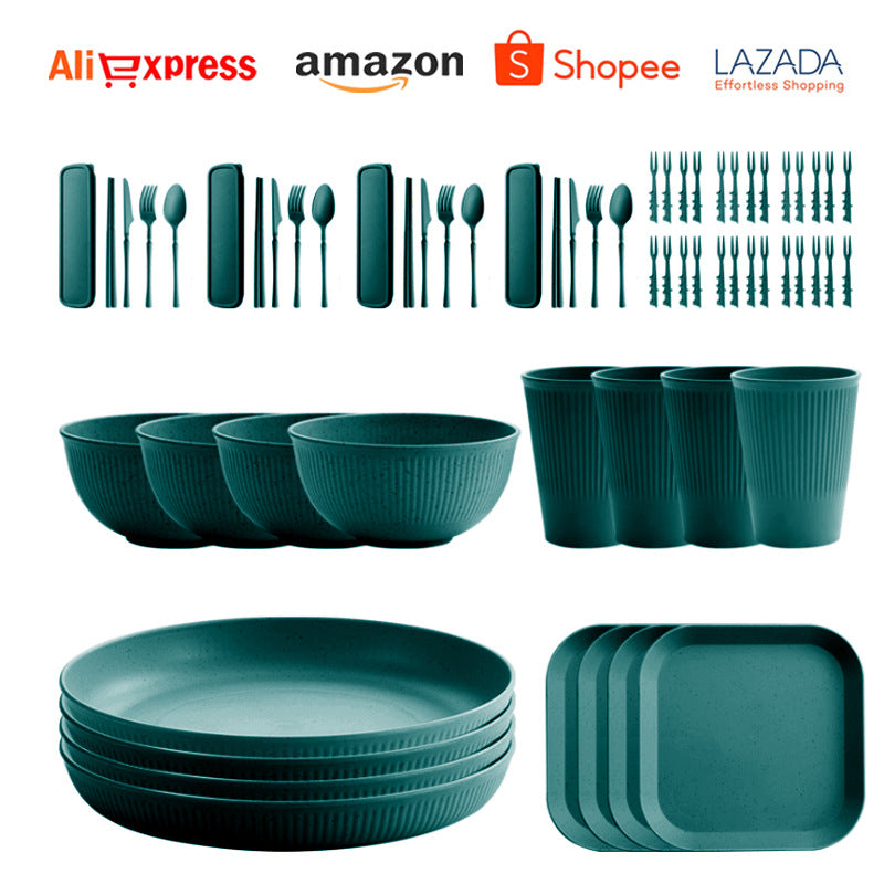 TEMU Amazon Wheat Straw Plate Bowl Cup Tableware Set Household Dining Plate Rice Bowl Water Cup Tableware Set Eco-friendly