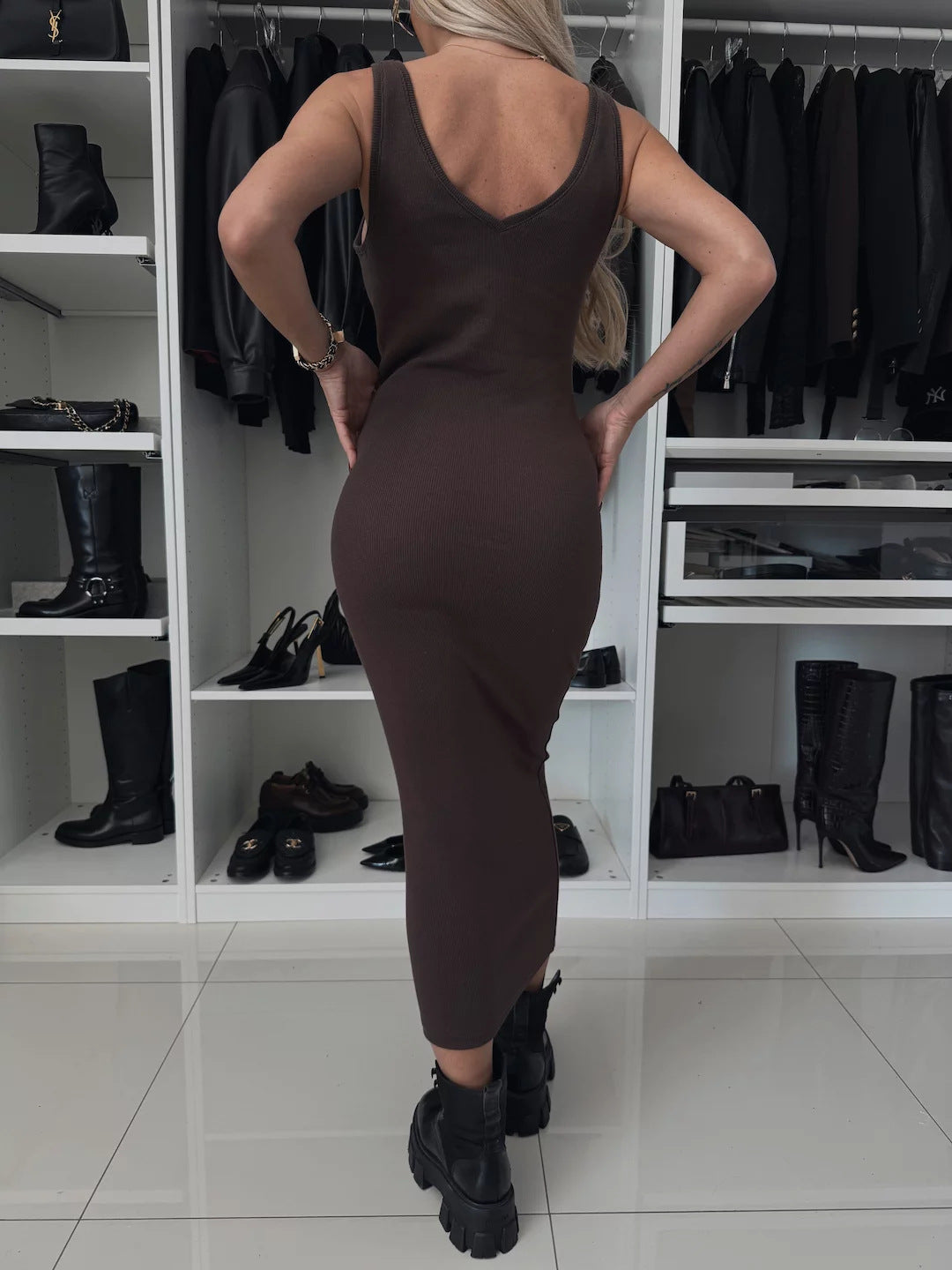 Amazon European and American Cross-Border New Spring Summer Women's Solid Color Clothing V Collar Long Sleeve Sweater Sling Slim Fit Long Dress2Set