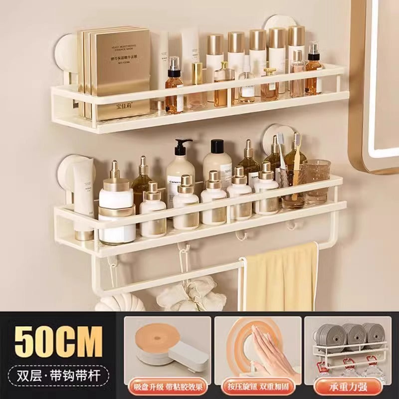 Space Aluminum Bathroom Suction Cup Storage Rack Wall-Mounted No-Drill Towel Rack Washstand Multifunctional Organizer