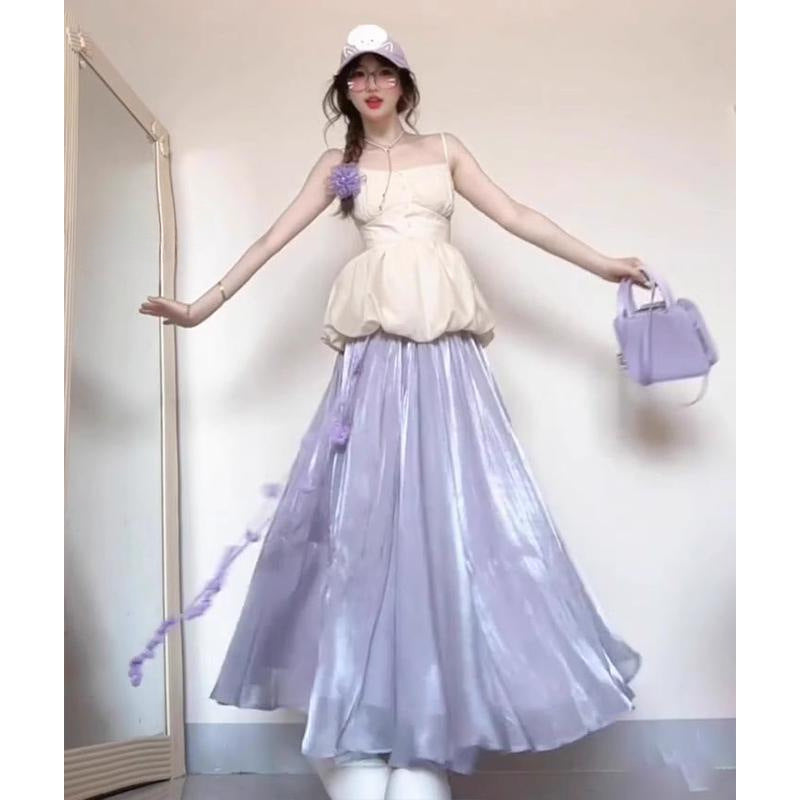 Pure Desire Sweet Spicy Girl Set for Women Summer Flower Bud Strap Top Outfit Purple Stunning Half Skirt Fashion Two-Piece Set