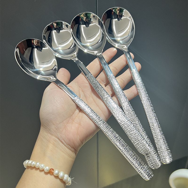 Korean Style Ice Pattern Spoon Soup Spoon Stainless Steel Hammered Long Handle Spoon Dining Western Soup Spoon Student Spoon Adult Rice Spoon