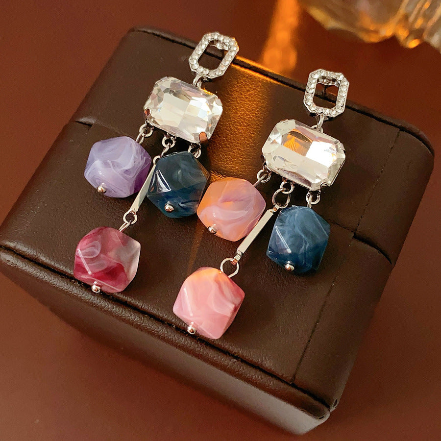 Silver Needle Inlaid Diamond Square Crystal Pendant Earrings Fashion European and American Exaggerated Earrings Light Luxury High-end Niche Earrings for Women