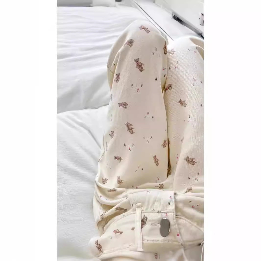 Yuejiaoer Original American Style Cartoon Bear Print Jeans for Women New Flared Loose Straight Wide-Leg Floor-Length Pants