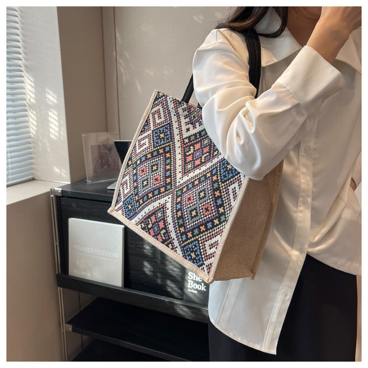 Large Capacity Commuter Bag Women2023New Fashion Single Shoulder Tote Bag Ethnic Style Student Handbag Class Bag Trendy