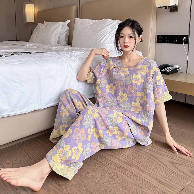 New Chinese Style Retro National Style Cotton Gauze Pajamas Plus Size for Women mm Summer Thin Loose Fit200Pure Cotton Homewear