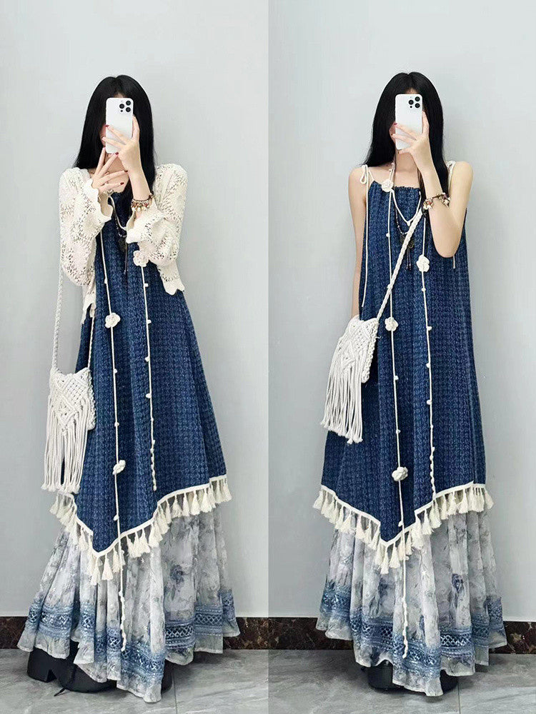 Vintage Design Summer Denim New Tassel Strap Dress for Female Students Hollow Out Sunscreen Cardigan Two-Piece Set