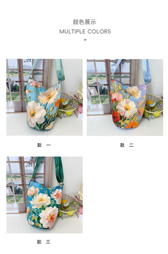 New2025Floral Oil Painting Niche Large Capacity Versatile Commuter Bucket High-end Bag Women's Shoulder Bag Hot Item