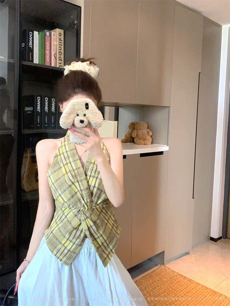 Summer2025New Korean Retro Plaid Knot Waist Slimming Elegant Halter Top Women's Camisole Trendy