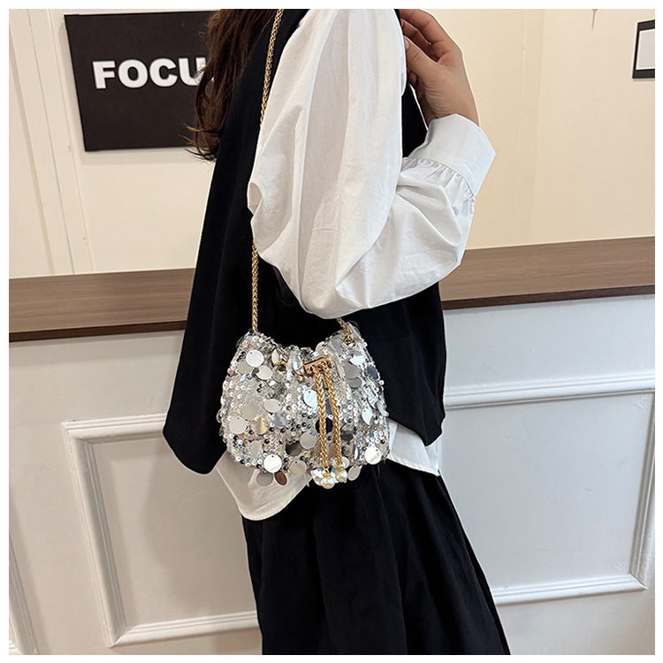 Trendy and High-End Sequin Bucket Bag2025Summer New Fashion Versatile Stylish French Chain Single Shoulder Crossbody