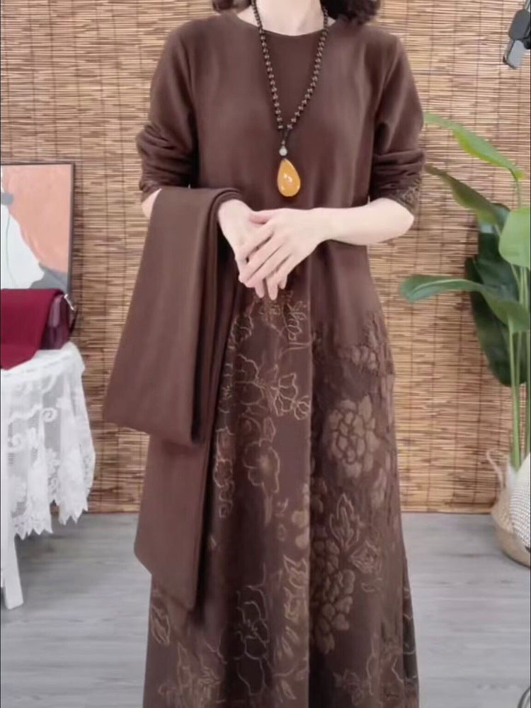 High-End Boutique New Autumn Winter Fashion Elegant Middle-Aged Women's Long Dress Slimming Dress with Scarf