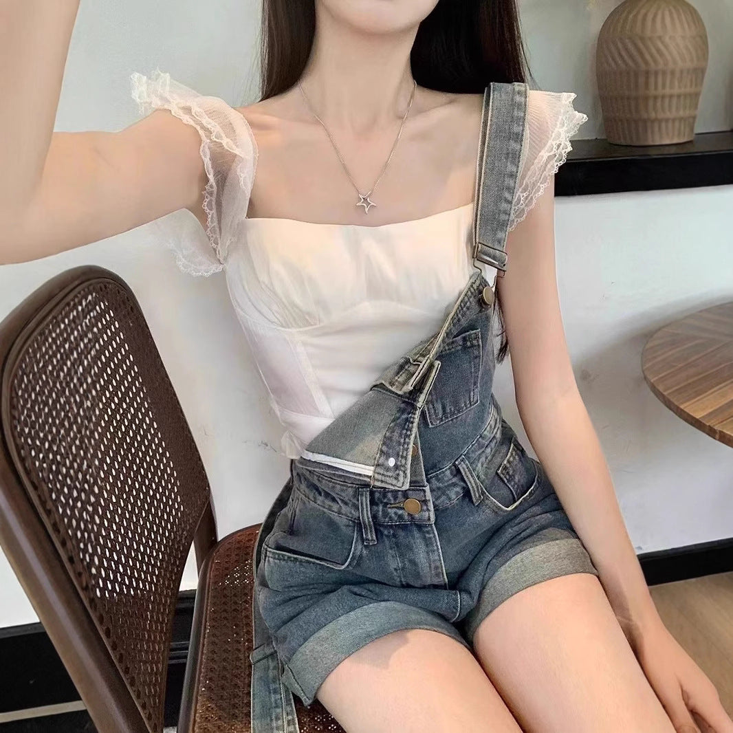 Internet Celebrity Youthful Denim Strap Shorts for Women Summer2025New Workwear Wide-Leg Hot Pants with a Sense of Design and Strap Design