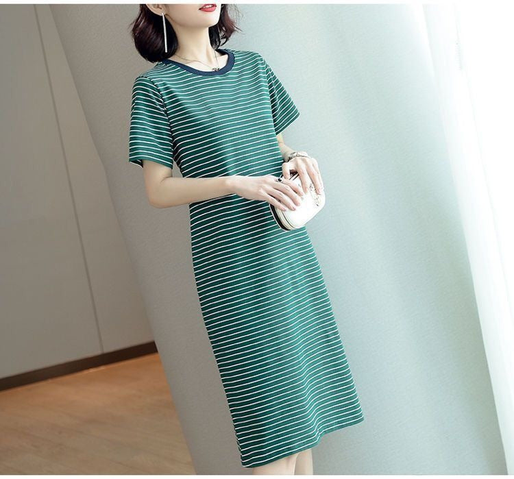 Summer Waist-Cinching Dress Plus Size Middle-Aged and Elderly Mom Outfit Mid-Length Striped Short Sleeve T Women's T-shirt Skirt Cross-Border Wholesale