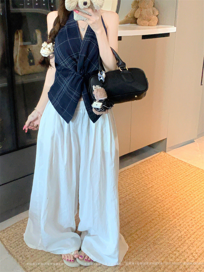 Summer2025New Korean Retro Plaid Knot Waist Slimming Elegant Halter Top Women's Camisole Trendy