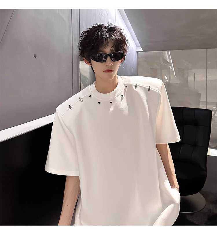 2025High-end Stylish Padded Shoulder Short Sleeve T Men's Summer Shirt with Unique Metal Decoration Design Heavyweight Top t T-shirt