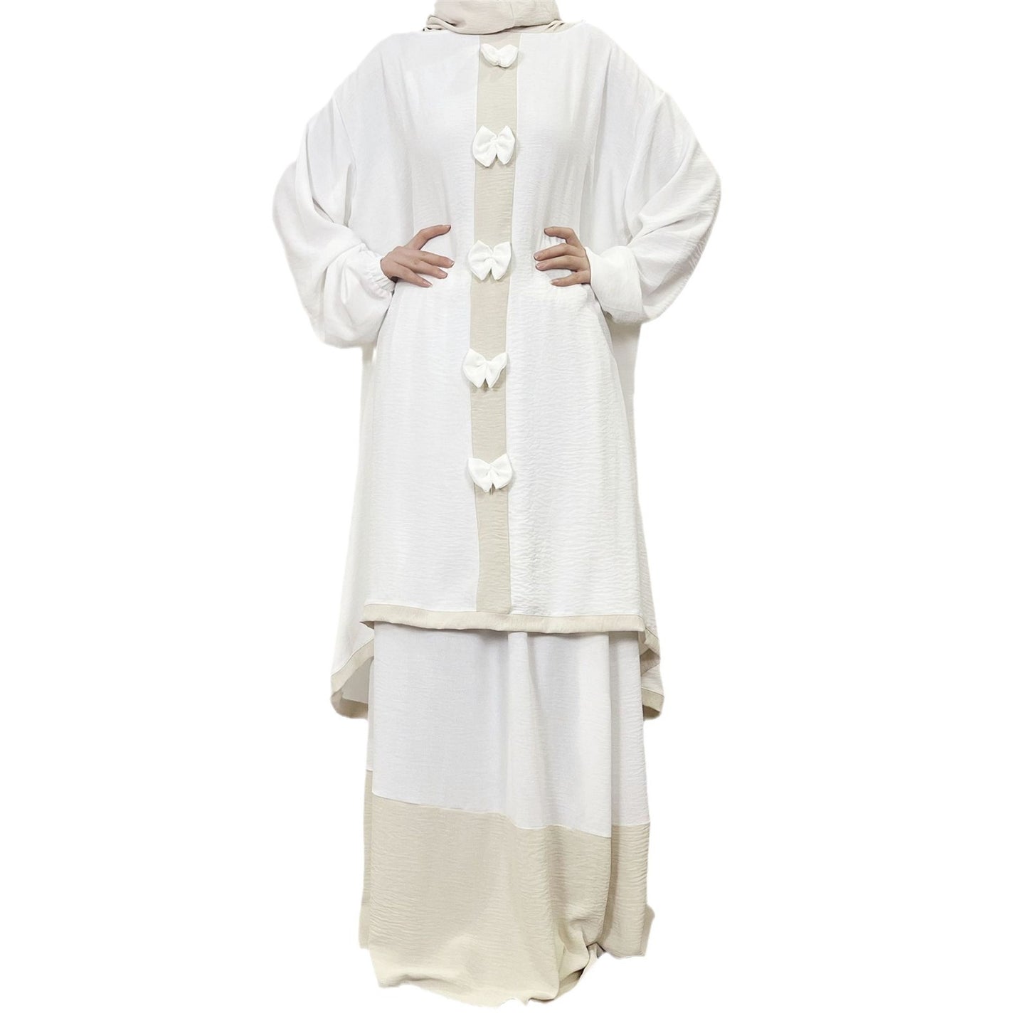 2024Aliexpress Muslims Fashion Women's Two-Piece Set with Bowknot, Solid Color Double-Layer Hat and Robe Set