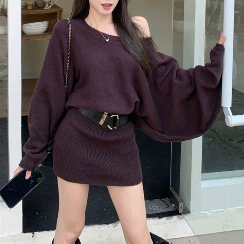 Korean Style Asymmetrical Shoulder Batwing Sleeve Sweater Dress for Women2025Autumn and Winter New Style Belted Elegant Hot Girl Bodycon Mini Dress