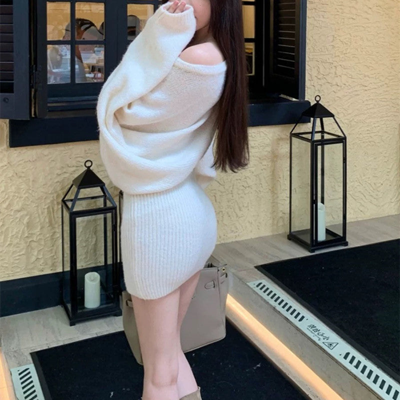 Korean Style Asymmetrical Shoulder Batwing Sleeve Sweater Dress for Women2025Autumn and Winter New Style Belted Elegant Hot Girl Bodycon Mini Dress