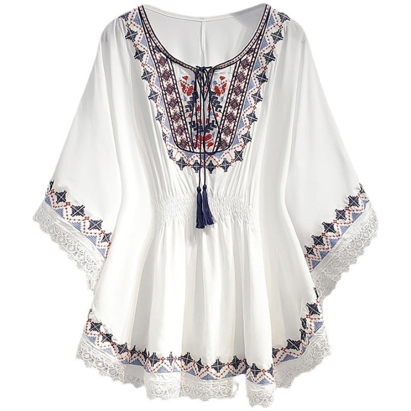 Summer Fashion Retro Slimming Top Women's Stylish Youthful Printed Five-Sleeve Round Neck Chiffon Blouse Women's Fashion