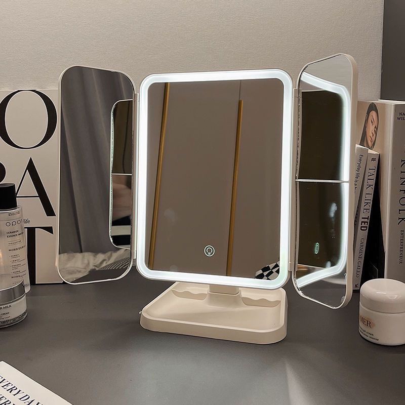 LED Makeup Mirror Desktop with Light Three-Sided Folding Magnifying Internet Celebrity Dormitory Desktop Beauty Bedroom Dressing Mirror